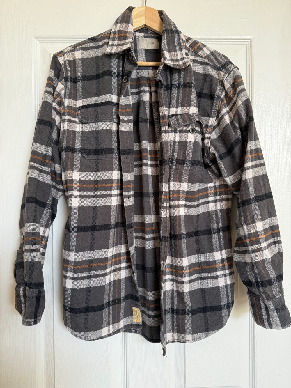 Jachs Men's Black and Gray Plaid Button-Down Shirt with Brown Accents